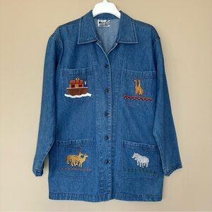 Vintage Women S Denim Jacket Embroidered Noahs Ark Christian Animal Chore Coat